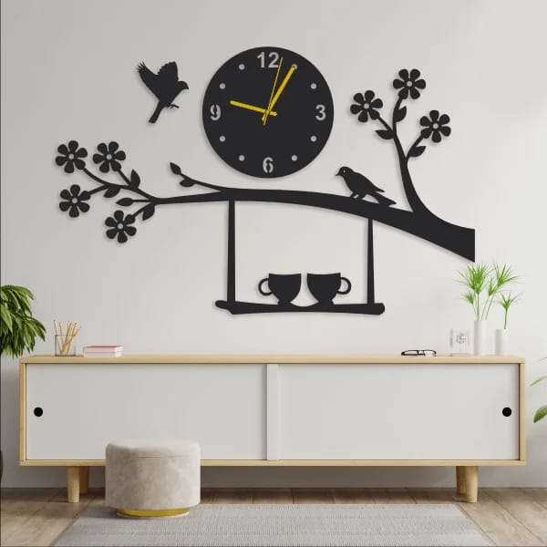 Birds On Tree With Cups Wooden Wall Clock